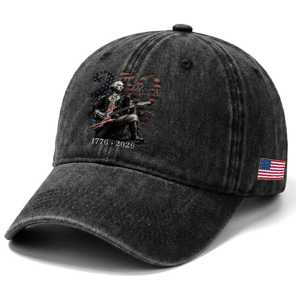 Vintage George Washington Playing Guitar 250 Years Washed Cotton Baseball Cap 1776 2026 Humor Patriotic USA Flag TS10 Print Your Wear