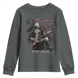 Vintage George Washington Playing Guitar 250 Years Youth Sweatshirt 1776 2026 Humor Patriotic USA Flag TS10 Dark Heather Print Your Wear