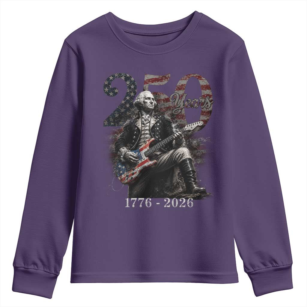 Vintage George Washington Playing Guitar 250 Years Youth Sweatshirt 1776 2026 Humor Patriotic USA Flag TS10 Purple Print Your Wear