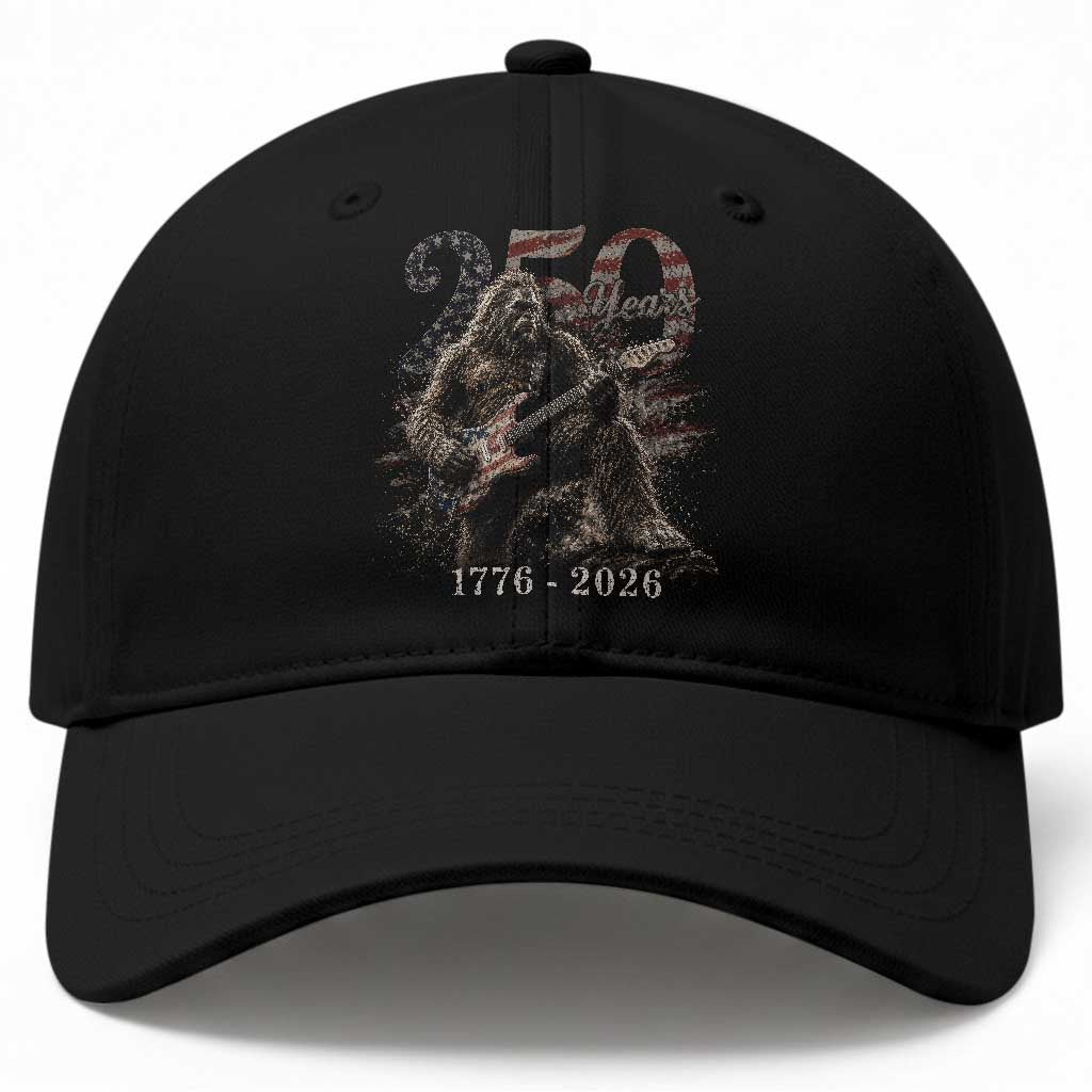 Vintage Bigfoot Playing Guitar 250 Years Baseball Cap 1776 2026 Bigfoot Patriotic USA Flag Sasquatch