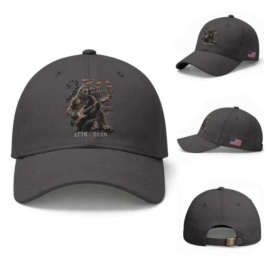 Vintage Bigfoot Playing Guitar 250 Years Baseball Cap 1776 2026 Bigfoot Patriotic USA Flag Sasquatch