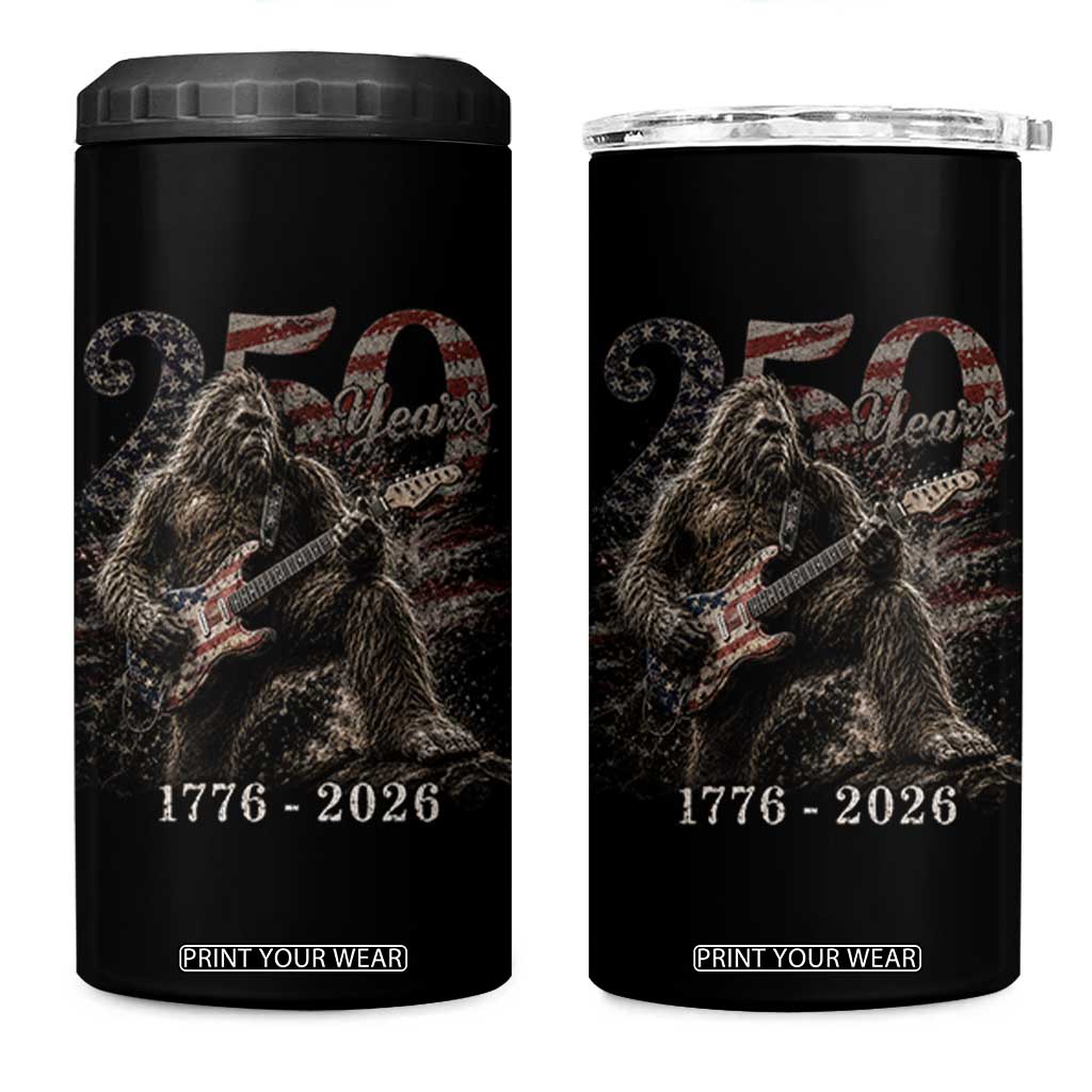 Vintage Bigfoot Playing Guitar 250 Years 4 in 1 Can Cooler Tumbler 1776 2026 Bigfoot Patriotic USA Flag Sasquatch TS10 One Size: 16 oz Black Print Your Wear
