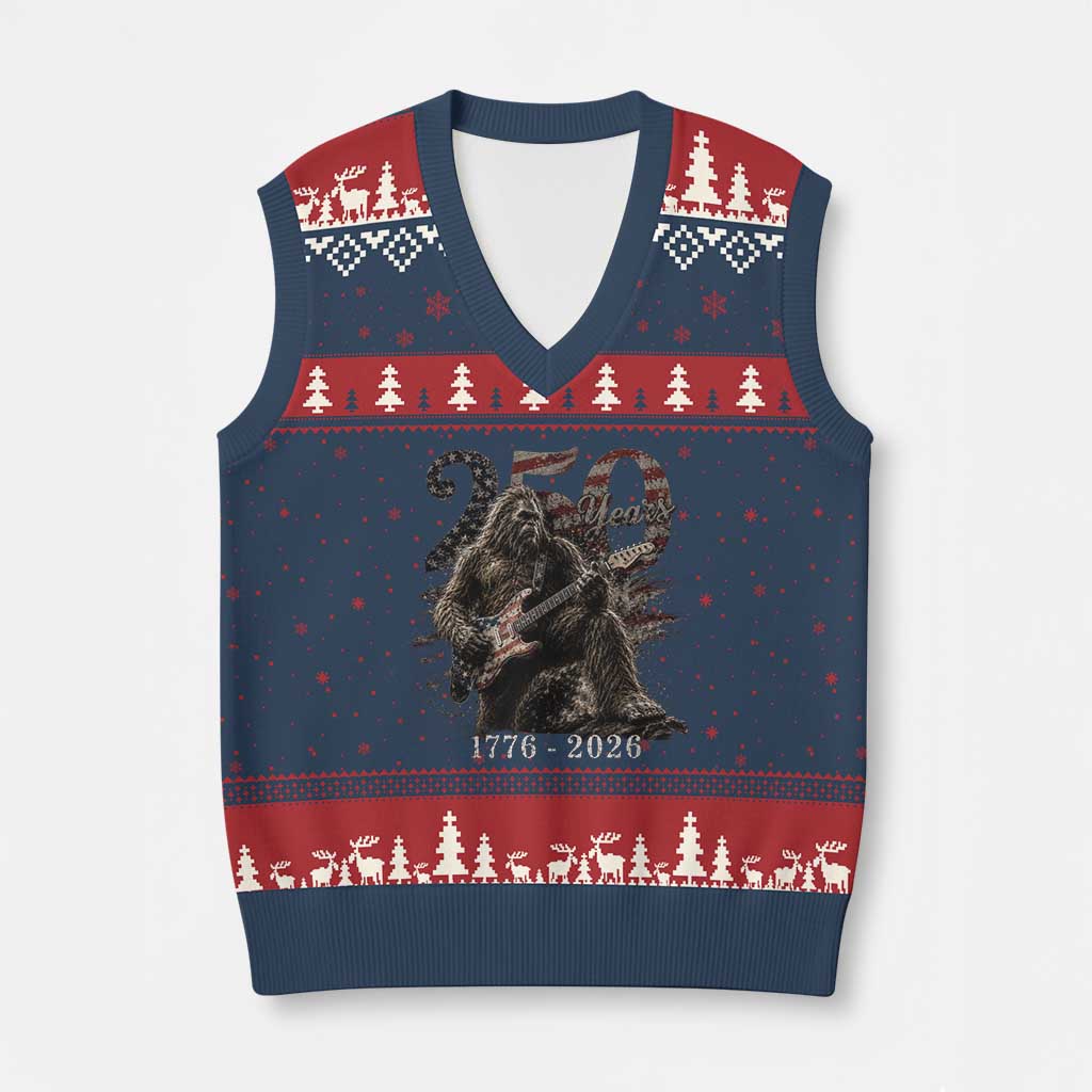 Vintage Bigfoot Playing Guitar 250 Years V-Neck Knit Sweater Vest 1776 2026 Bigfoot Patriotic USA Flag Sasquatch TS10 Navy Red Print Your Wear
