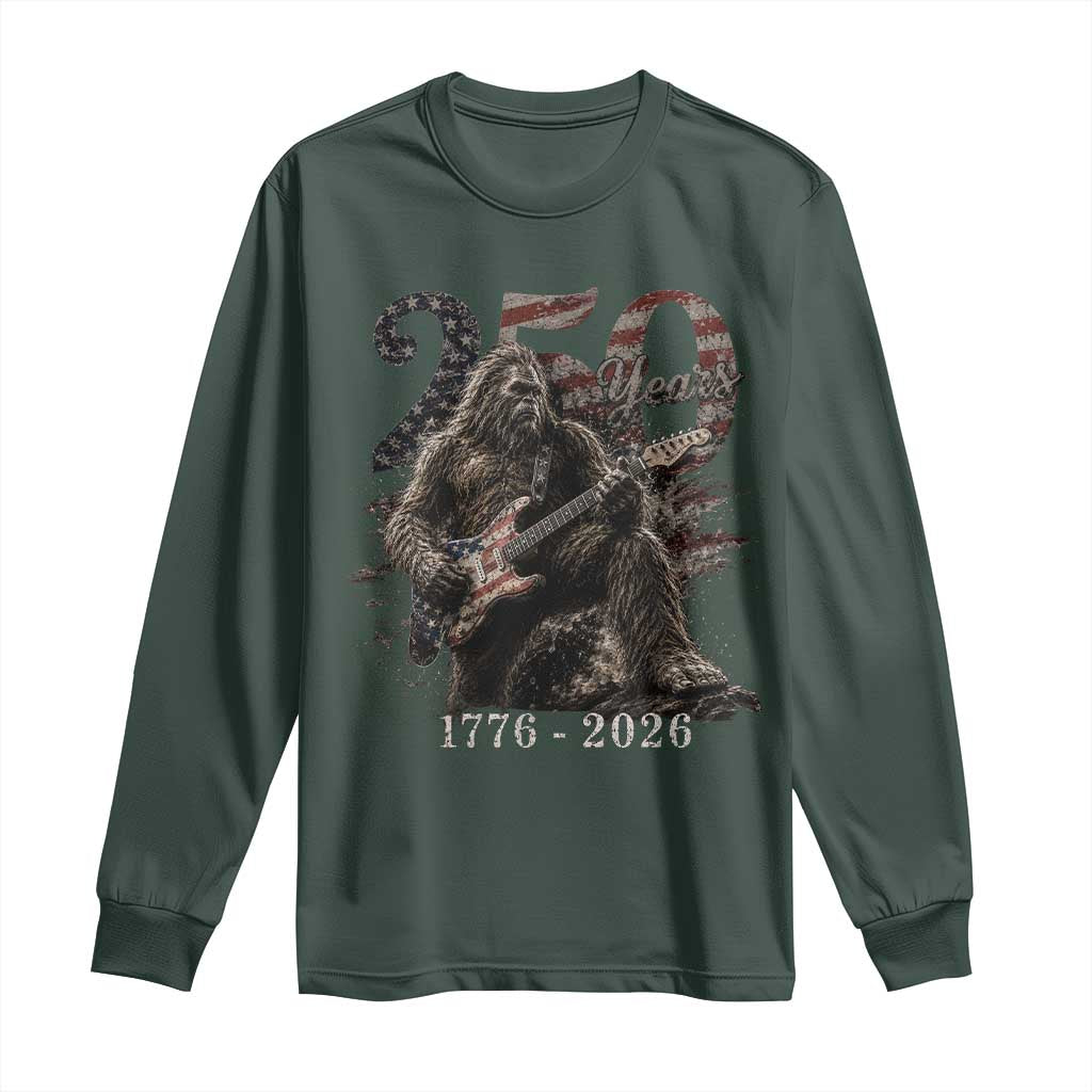 Vintage Bigfoot Playing Guitar 250 Years Long Sleeve Shirt 1776 2026 Bigfoot Patriotic USA Flag Sasquatch TS10 Dark Forest Green Print Your Wear