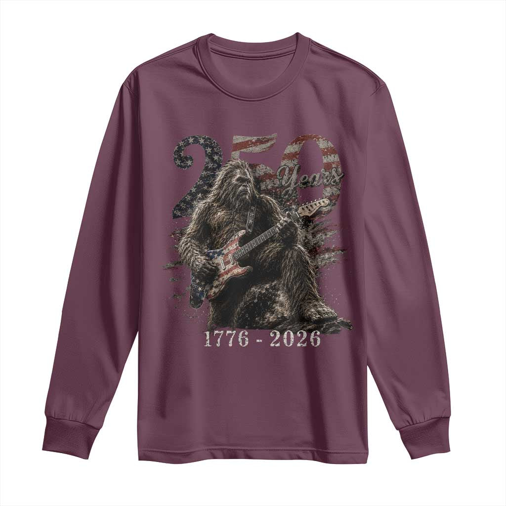 Vintage Bigfoot Playing Guitar 250 Years Long Sleeve Shirt 1776 2026 Bigfoot Patriotic USA Flag Sasquatch TS10 Maroon Print Your Wear