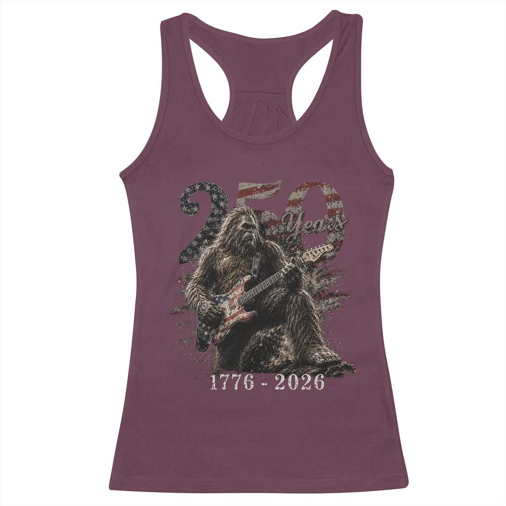 Vintage Bigfoot Playing Guitar 250 Years Racerback Tank Top 1776 2026 Bigfoot Patriotic USA Flag Sasquatch TS10 Maroon Print Your Wear