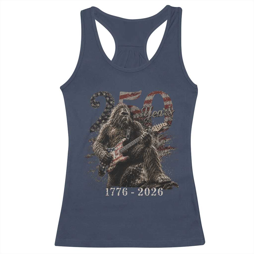 Vintage Bigfoot Playing Guitar 250 Years Racerback Tank Top 1776 2026 Bigfoot Patriotic USA Flag Sasquatch TS10 Navy Print Your Wear
