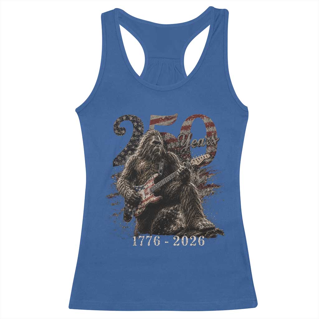 Vintage Bigfoot Playing Guitar 250 Years Racerback Tank Top 1776 2026 Bigfoot Patriotic USA Flag Sasquatch TS10 Royal Blue Print Your Wear