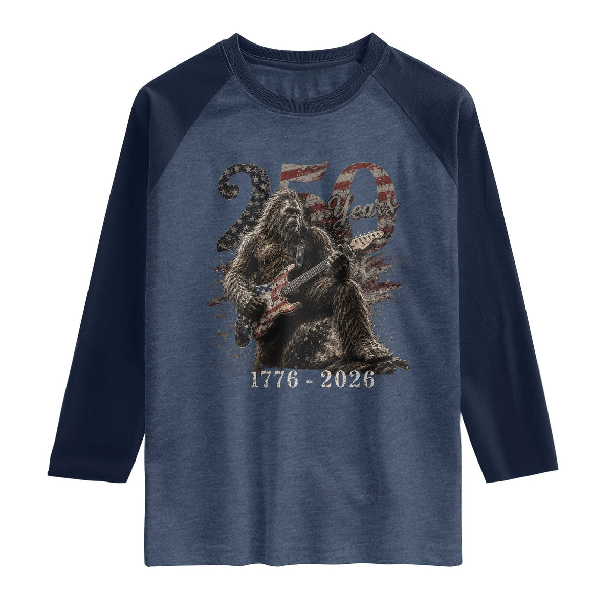 Vintage Bigfoot Playing Guitar 250 Years Raglan Shirt 1776 2026 Bigfoot Patriotic USA Flag Sasquatch TS10 Heather Denim Navy Print Your Wear