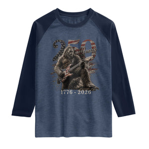 Vintage Bigfoot Playing Guitar 250 Years Raglan Shirt 1776 2026 Bigfoot Patriotic USA Flag Sasquatch TS10 Heather Denim Navy Print Your Wear