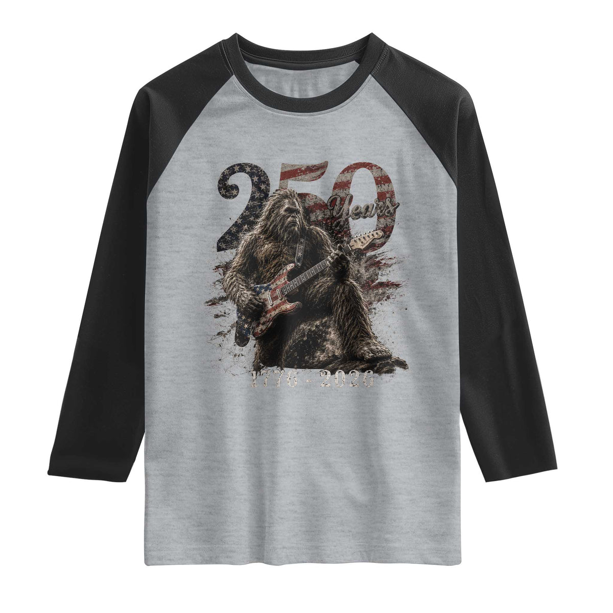Vintage Bigfoot Playing Guitar 250 Years Raglan Shirt 1776 2026 Bigfoot Patriotic USA Flag Sasquatch TS10 Heather Gray Black Print Your Wear