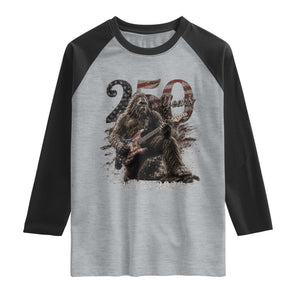 Vintage Bigfoot Playing Guitar 250 Years Raglan Shirt 1776 2026 Bigfoot Patriotic USA Flag Sasquatch TS10 Heather Gray Black Print Your Wear