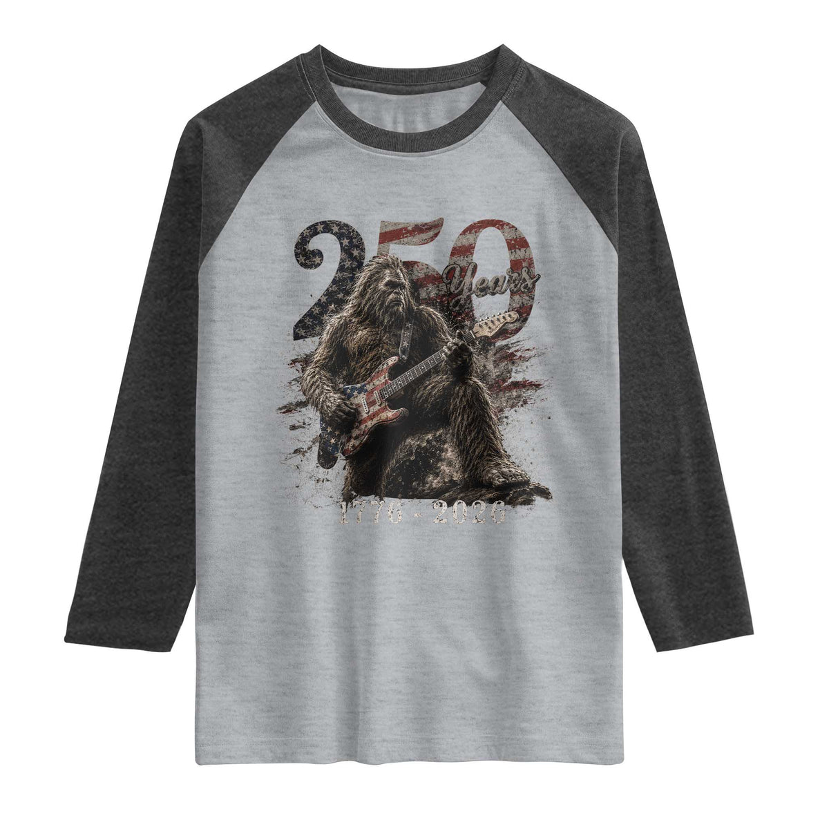 Vintage Bigfoot Playing Guitar 250 Years Raglan Shirt 1776 2026 Bigfoot Patriotic USA Flag Sasquatch TS10 Heather Gray Heather Charcoal Print Your Wear