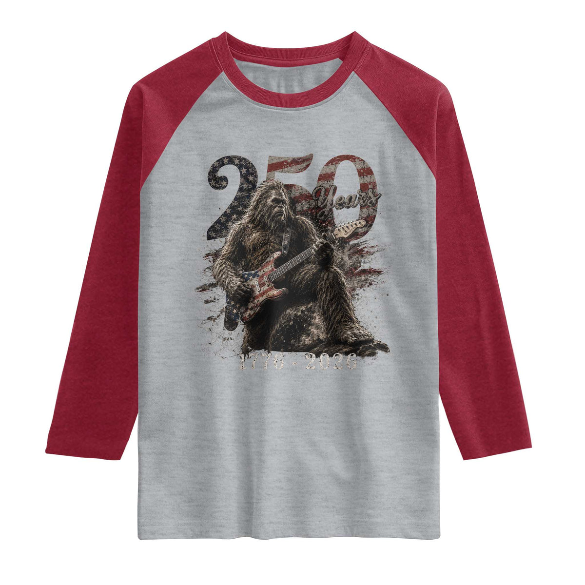 Vintage Bigfoot Playing Guitar 250 Years Raglan Shirt 1776 2026 Bigfoot Patriotic USA Flag Sasquatch TS10 Heather Gray Heather Red Print Your Wear