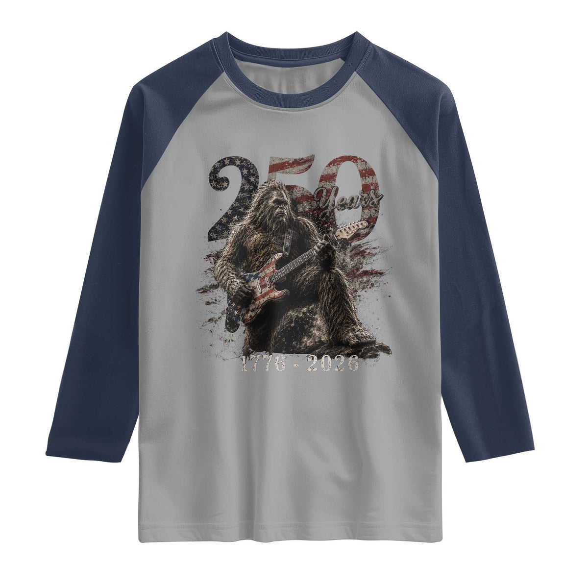 Vintage Bigfoot Playing Guitar 250 Years Raglan Shirt 1776 2026 Bigfoot Patriotic USA Flag Sasquatch TS10 Sport Gray Navy Print Your Wear