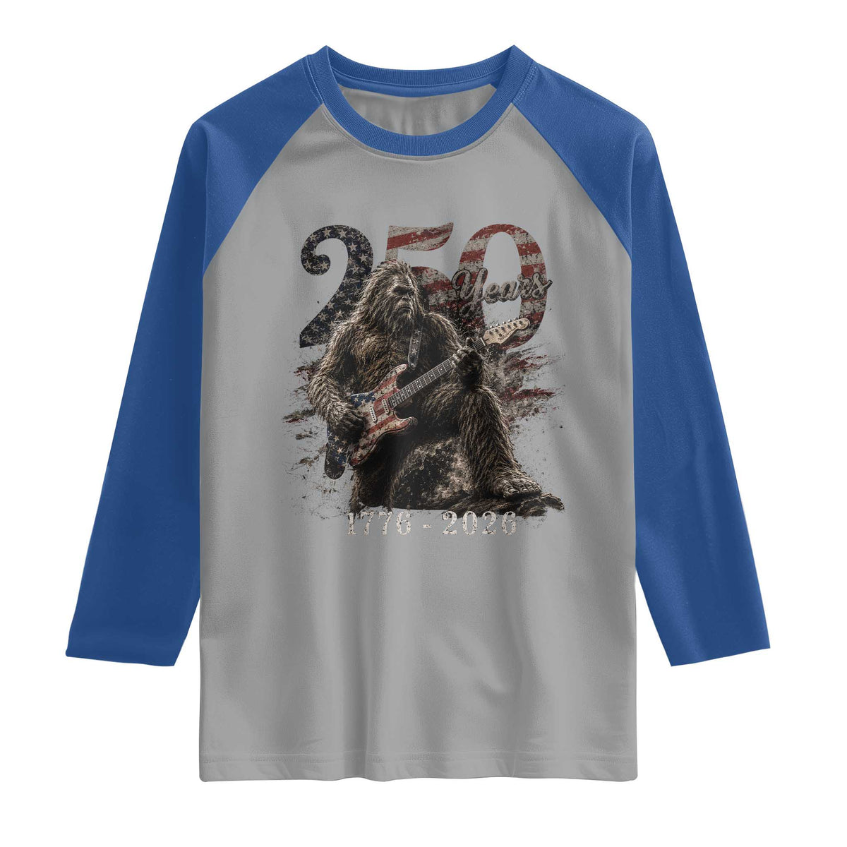 Vintage Bigfoot Playing Guitar 250 Years Raglan Shirt 1776 2026 Bigfoot Patriotic USA Flag Sasquatch TS10 Sport Gray Royal Print Your Wear
