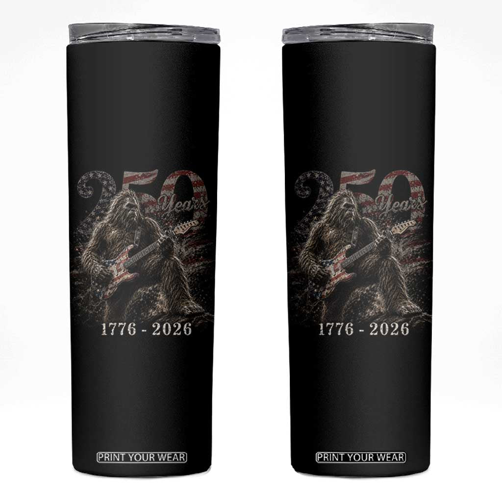 Vintage Bigfoot Playing Guitar 250 Years Skinny Tumbler 1776 2026 Bigfoot Patriotic USA Flag Sasquatch TS10 Black Print Your Wear