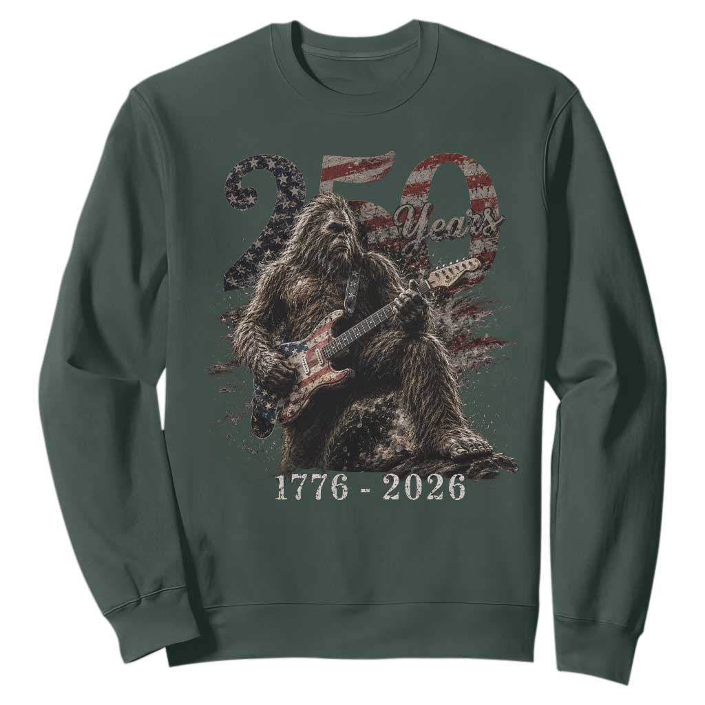 Vintage Bigfoot Playing Guitar 250 Years Sweatshirt 1776 2026 Bigfoot Patriotic USA Flag Sasquatch TS10 Dark Forest Green Print Your Wear