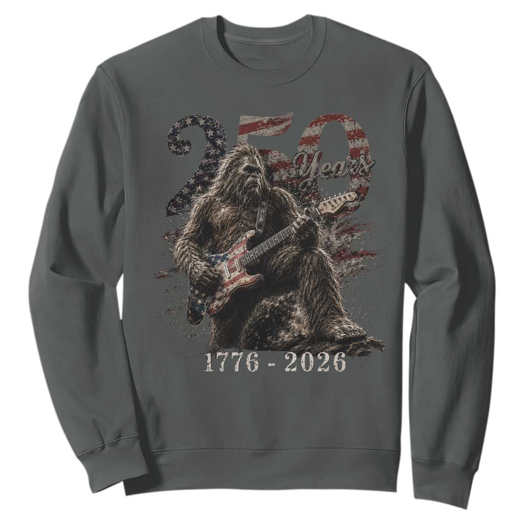Vintage Bigfoot Playing Guitar 250 Years Sweatshirt 1776 2026 Bigfoot Patriotic USA Flag Sasquatch TS10 Dark Heather Print Your Wear