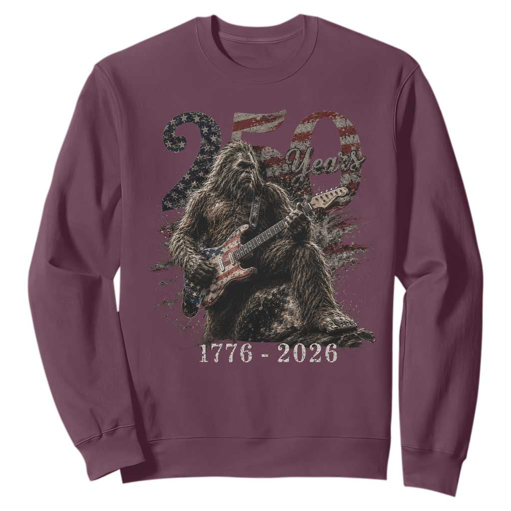 Vintage Bigfoot Playing Guitar 250 Years Sweatshirt 1776 2026 Bigfoot Patriotic USA Flag Sasquatch TS10 Maroon Print Your Wear