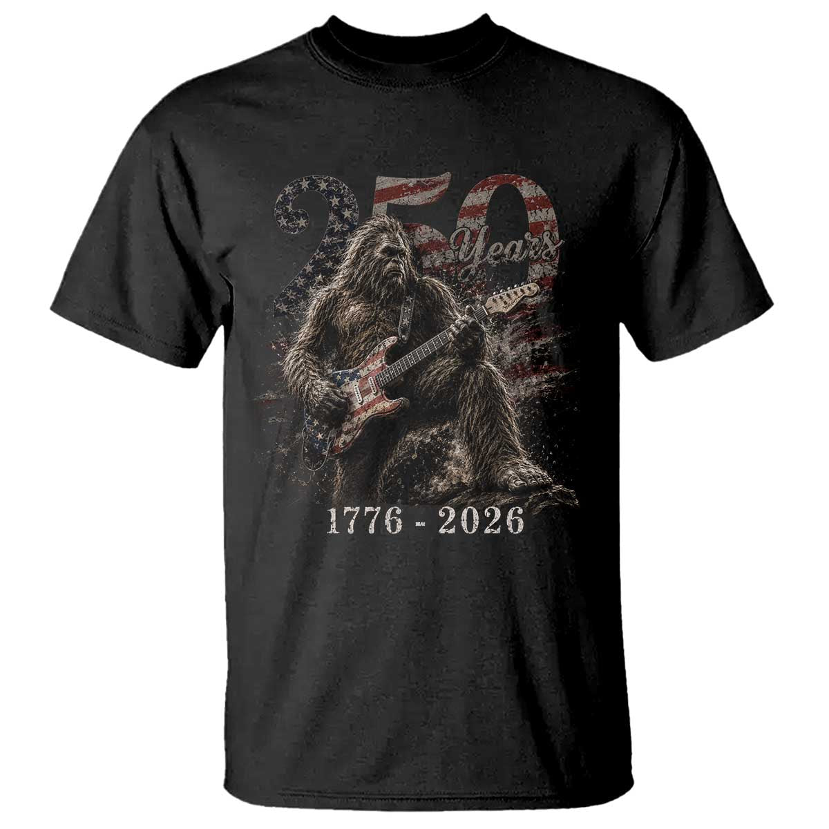 Vintage Bigfoot Playing Guitar 250 Years T Shirt 1776 2026 Bigfoot Patriotic USA Flag Sasquatch TS10 Black Print Your Wear