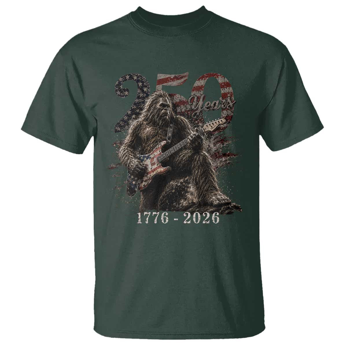 Vintage Bigfoot Playing Guitar 250 Years T Shirt 1776 2026 Bigfoot Patriotic USA Flag Sasquatch TS10 Dark Forest Green Print Your Wear