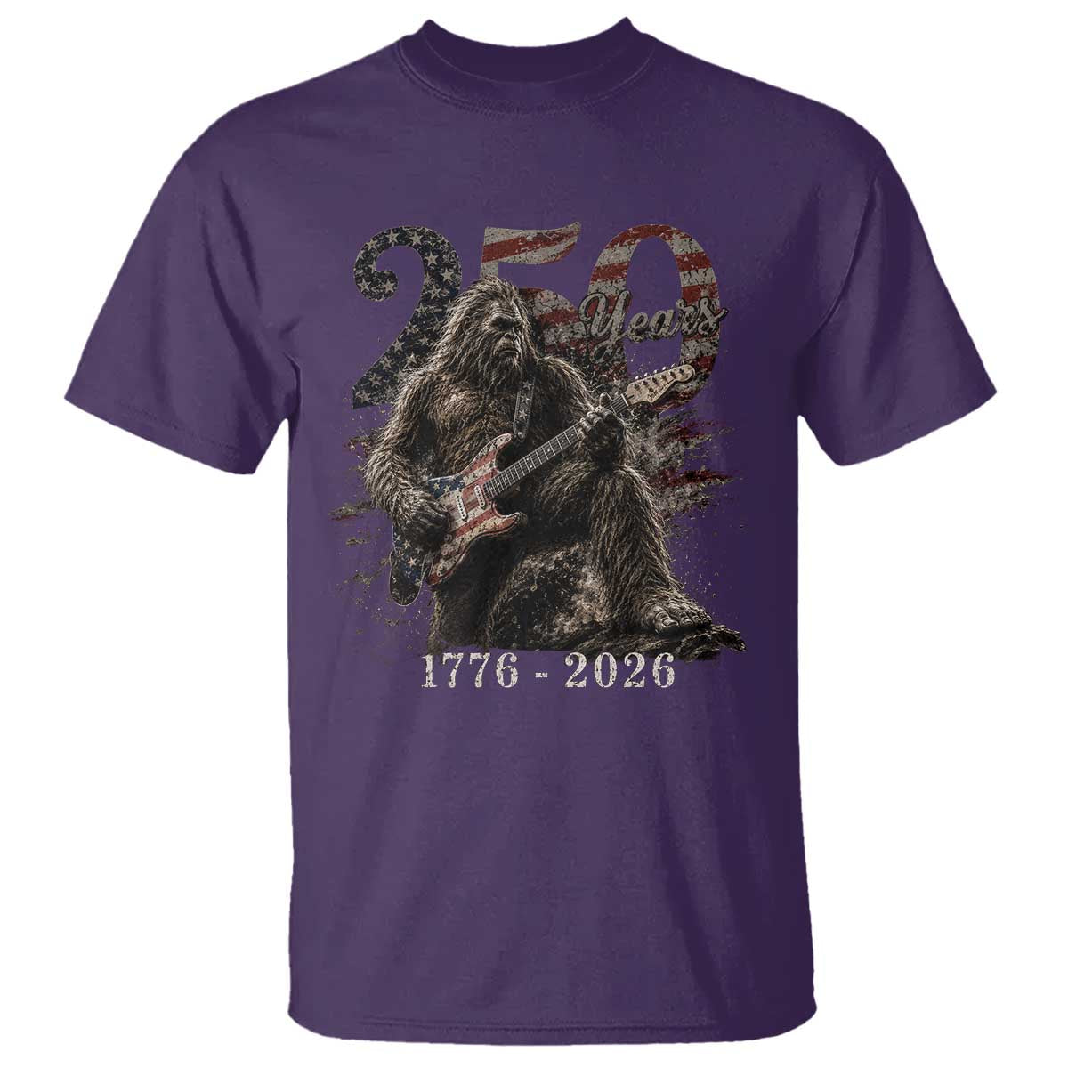 Vintage Bigfoot Playing Guitar 250 Years T Shirt 1776 2026 Bigfoot Patriotic USA Flag Sasquatch TS10 Purple Print Your Wear
