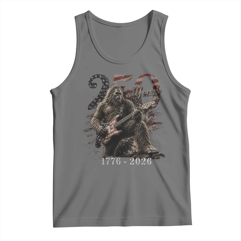 Vintage Bigfoot Playing Guitar 250 Years Tank Top 1776 2026 Bigfoot Patriotic USA Flag Sasquatch TS10 Black Heather Print Your Wear