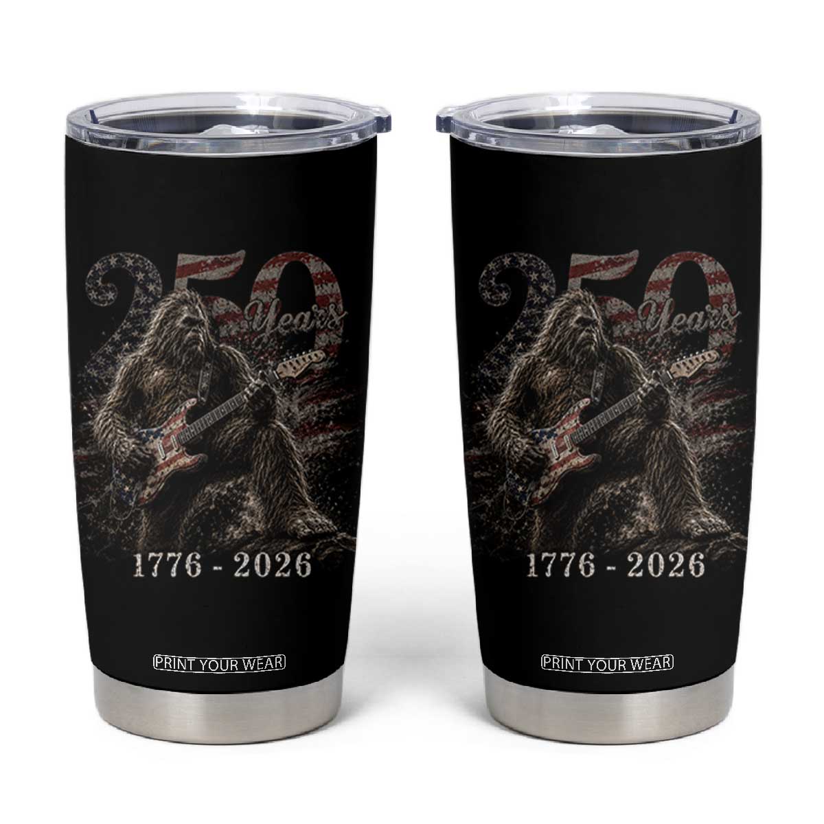 Vintage Bigfoot Playing Guitar 250 Years Tumbler Cup 1776 2026 Bigfoot Patriotic USA Flag Sasquatch TS10 Black Print Your Wear