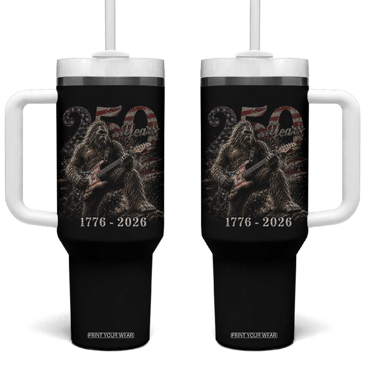 Vintage Bigfoot Playing Guitar 250 Years Tumbler With Handle 1776 2026 Bigfoot Patriotic USA Flag Sasquatch TS10 One Size: 40 oz Black Print Your Wear