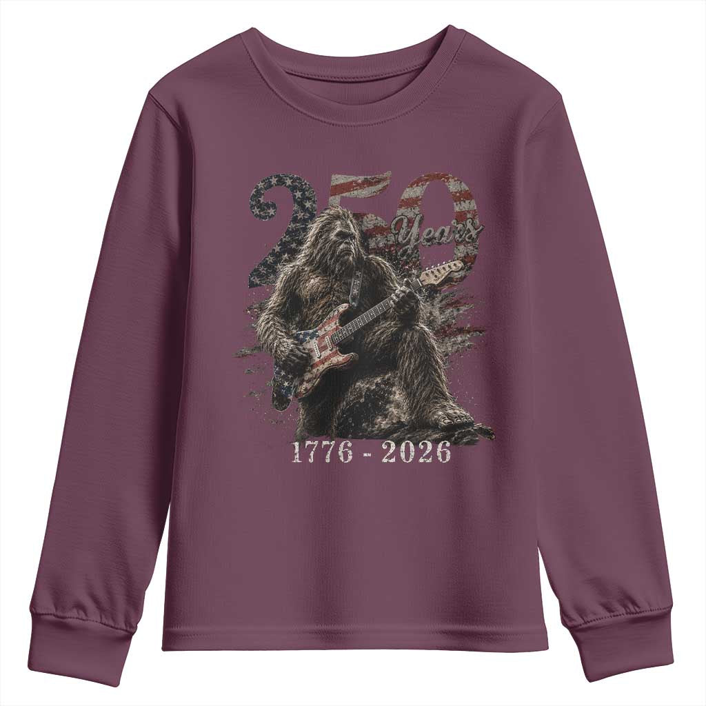Vintage Bigfoot Playing Guitar 250 Years Youth Sweatshirt 1776 2026 Bigfoot Patriotic USA Flag Sasquatch TS10 Maroon Print Your Wear