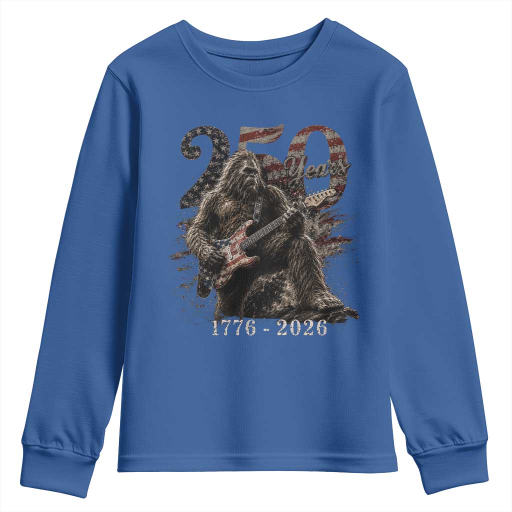 Vintage Bigfoot Playing Guitar 250 Years Youth Sweatshirt 1776 2026 Bigfoot Patriotic USA Flag Sasquatch TS10 Royal Blue Print Your Wear