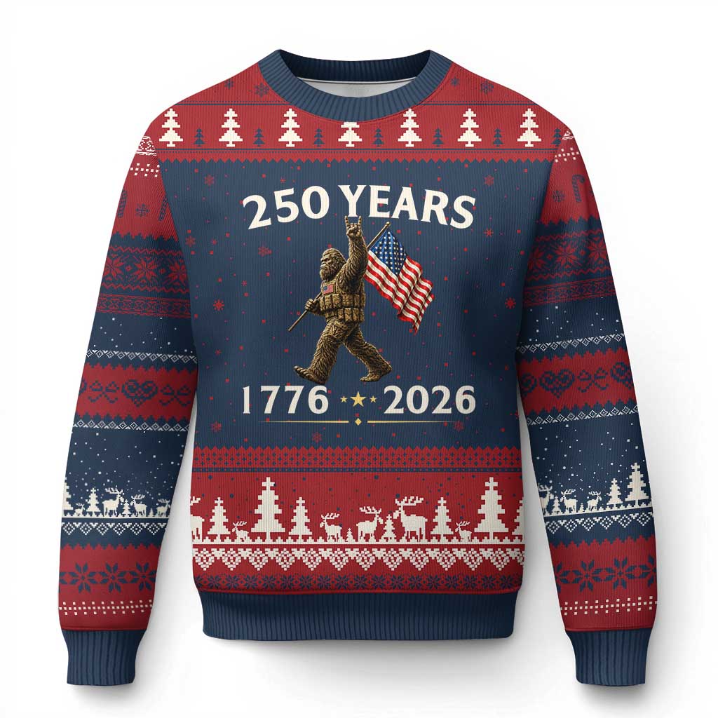 Bigfoot USA 250th Anniversary Ugly Christmas Sweater Sasquatch 250 Years Vintage American Flag Patriotic 4th of July TS10 Navy Red Print Your Wear