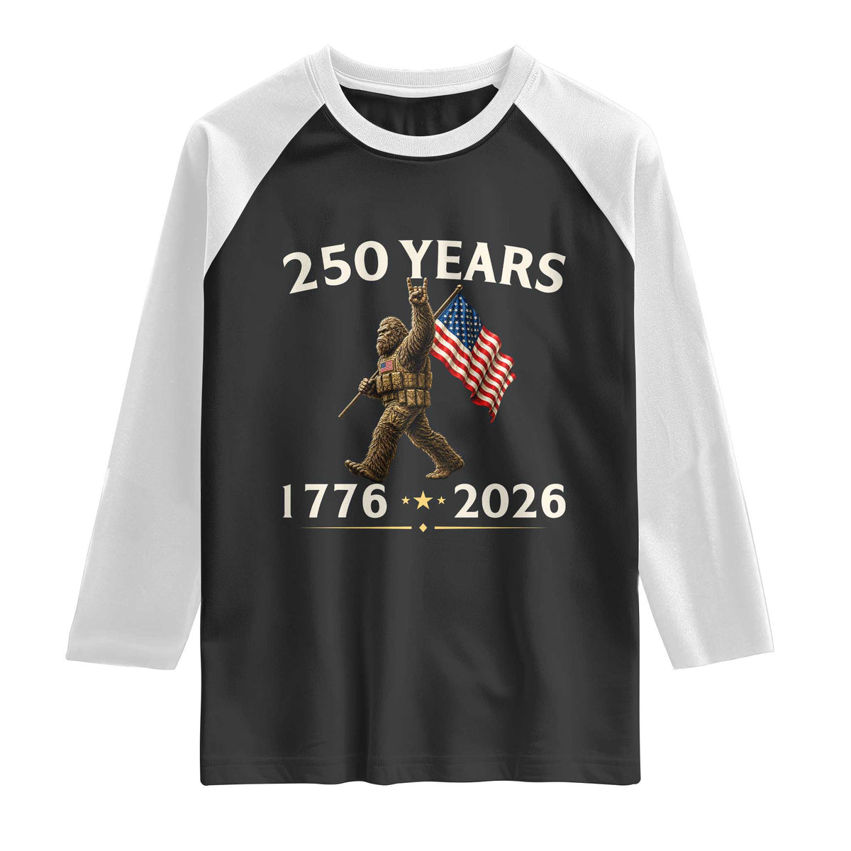 Bigfoot USA 250th Anniversary Raglan Shirt Sasquatch 250 Years Vintage American Flag Patriotic 4th of July
