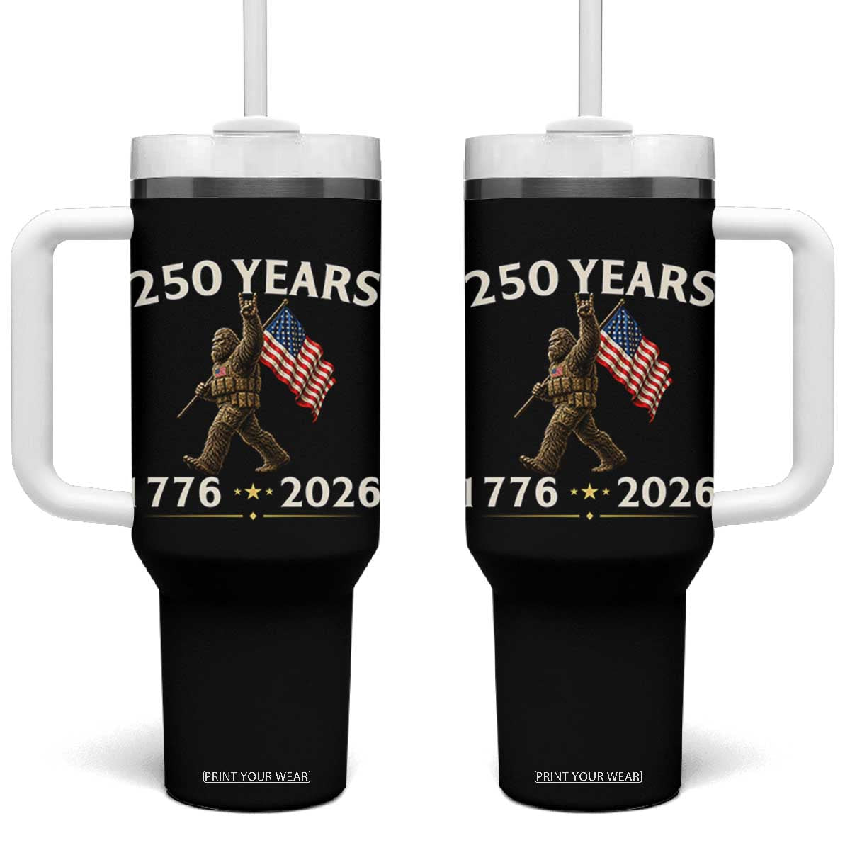 Bigfoot USA 250th Anniversary Tumbler With Handle Sasquatch 250 Years Vintage American Flag Patriotic 4th of July