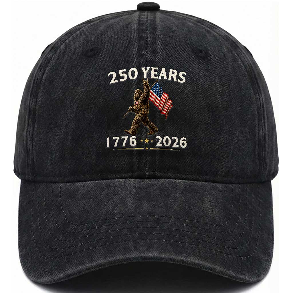 Bigfoot USA 250th Anniversary Washed Cotton Baseball Cap Sasquatch 250 Years Vintage American Flag Patriotic 4th of July TS10 Print Your Wear
