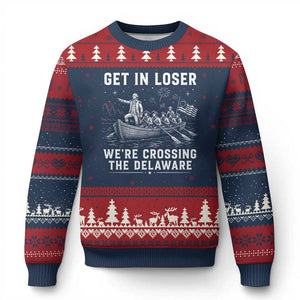 Get In Loser Were Crossing the Delaware Ugly Christmas Sweater Funny 4th of July USA Meme Founding Father Patriotic TS10 Navy Red Print Your Wear