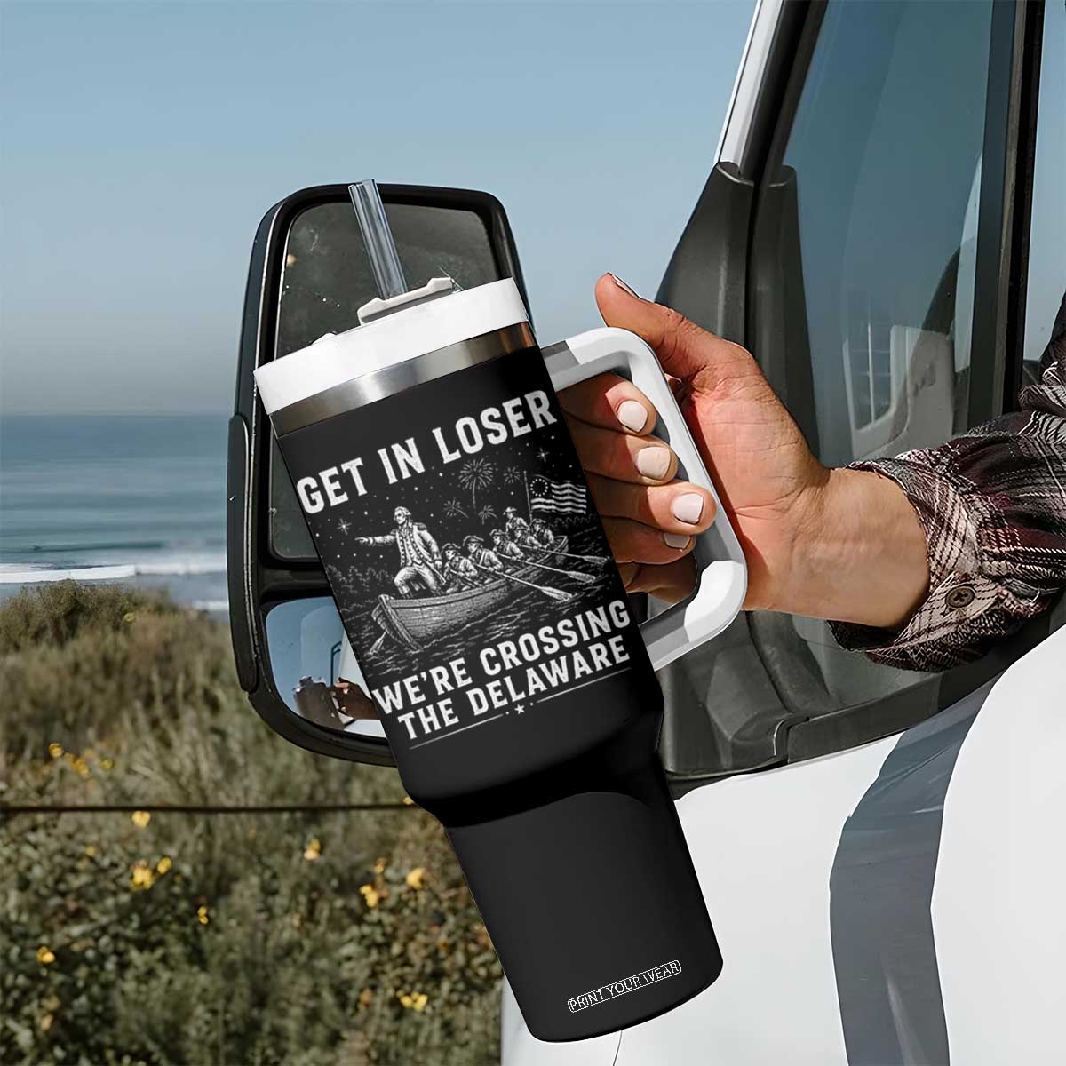 Get In Loser Were Crossing the Delaware Tumbler With Handle Funny 4th of July USA Meme Founding Father Patriotic TS10 Print Your Wear