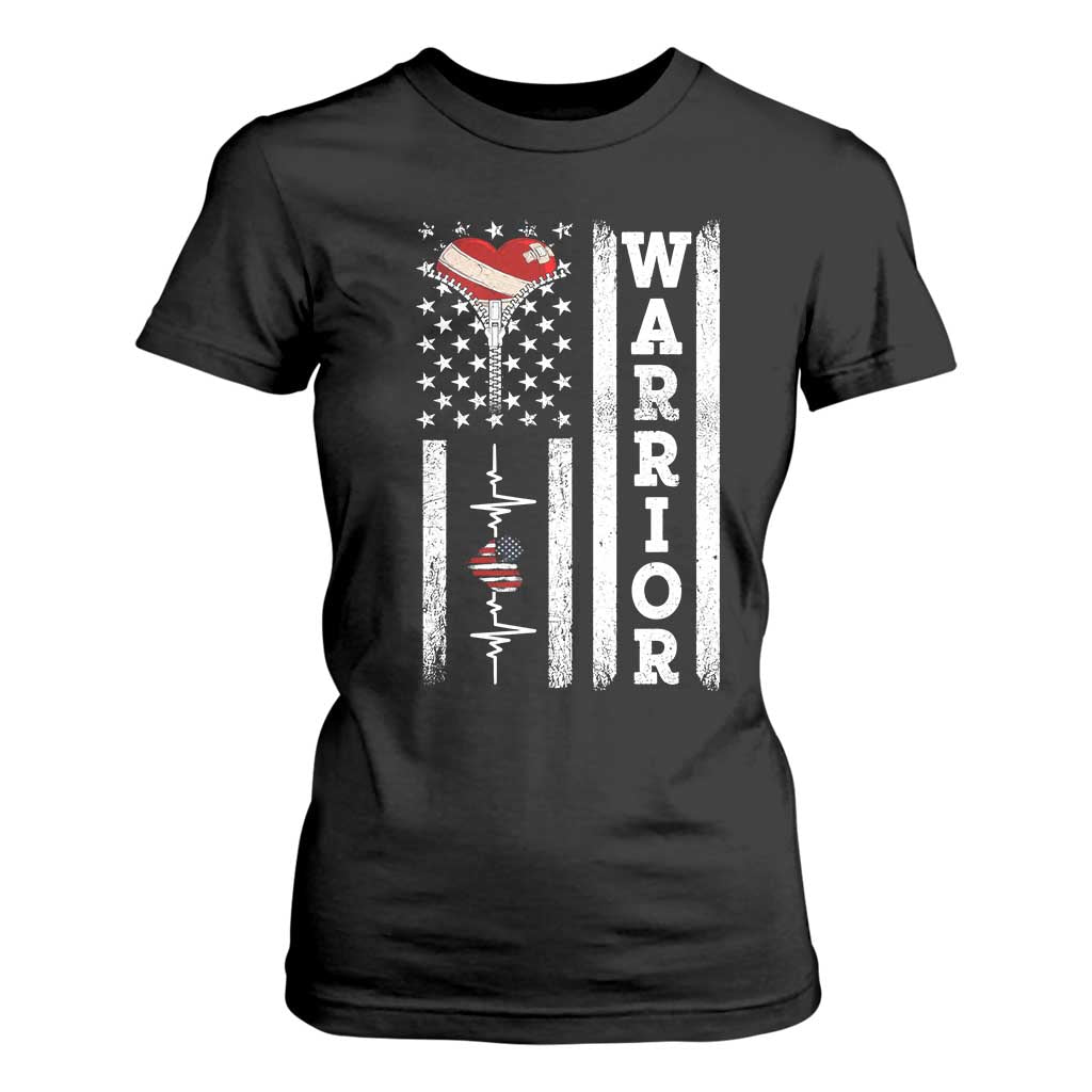 Cool Heart Surgery Warrior T Shirt For Women Coronary Bypass Artery Open Heart Surgery Heartbeat American Flag