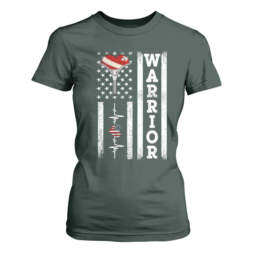 Cool Heart Surgery Warrior T Shirt For Women Coronary Bypass Artery Open Heart Surgery Heartbeat American Flag