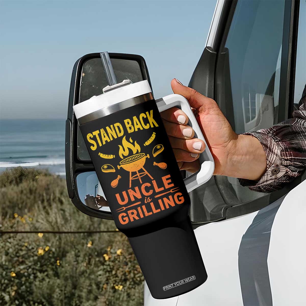 Stand Back Uncle Is Grilling Tumbler With Handle Funny Fathers Day BBQ