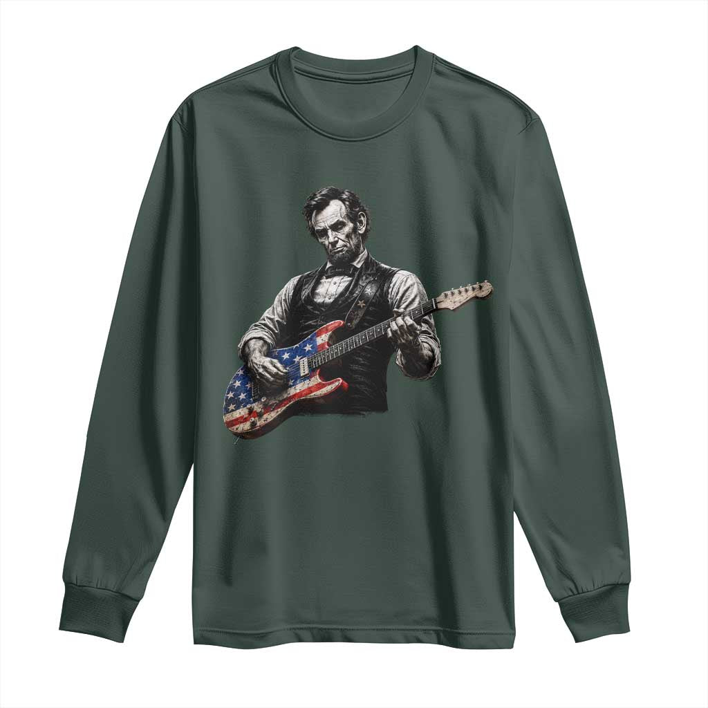 Vintage Abraham Lincoln Abe Lincoln Playing Guitar Long Sleeve Shirt Humor Patriotic TS10 Dark Forest Green Print Your Wear