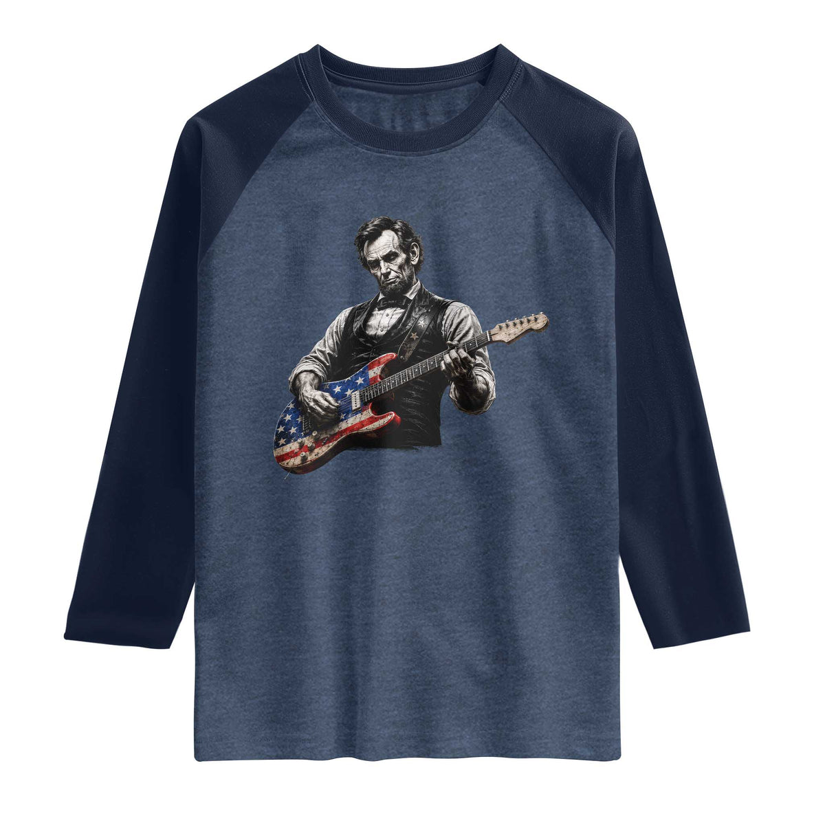 Vintage Abraham Lincoln Abe Lincoln Playing Guitar Raglan Shirt Humor Patriotic TS10 Heather Denim Navy Print Your Wear