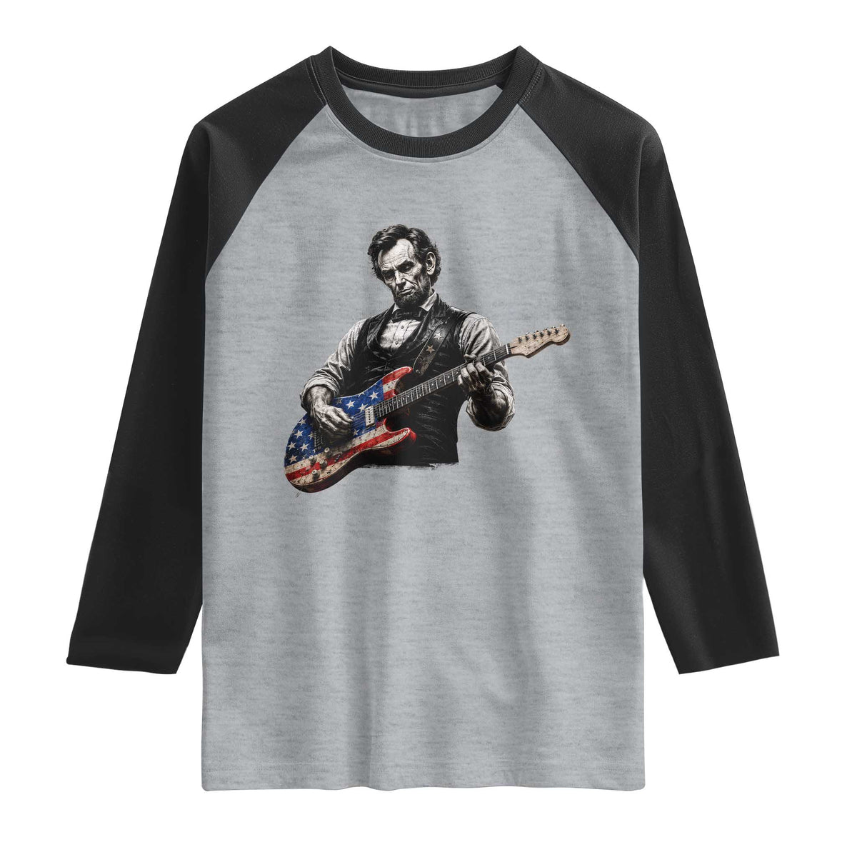 Vintage Abraham Lincoln Abe Lincoln Playing Guitar Raglan Shirt Humor Patriotic TS10 Heather Gray Black Print Your Wear