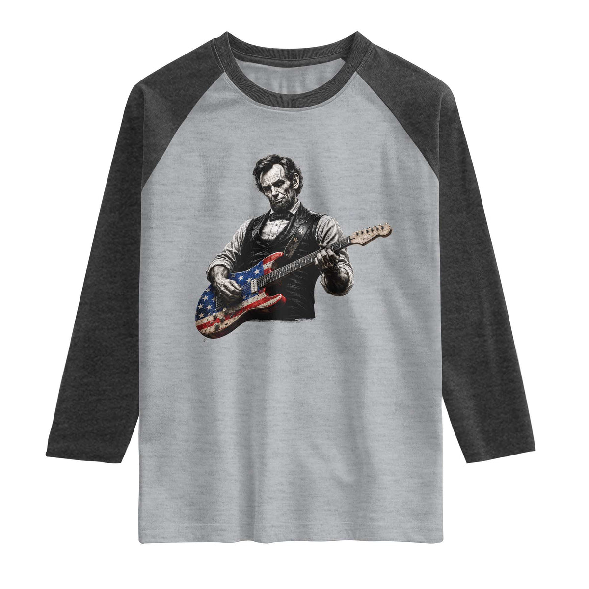 Vintage Abraham Lincoln Abe Lincoln Playing Guitar Raglan Shirt Humor Patriotic TS10 Heather Gray Heather Charcoal Print Your Wear