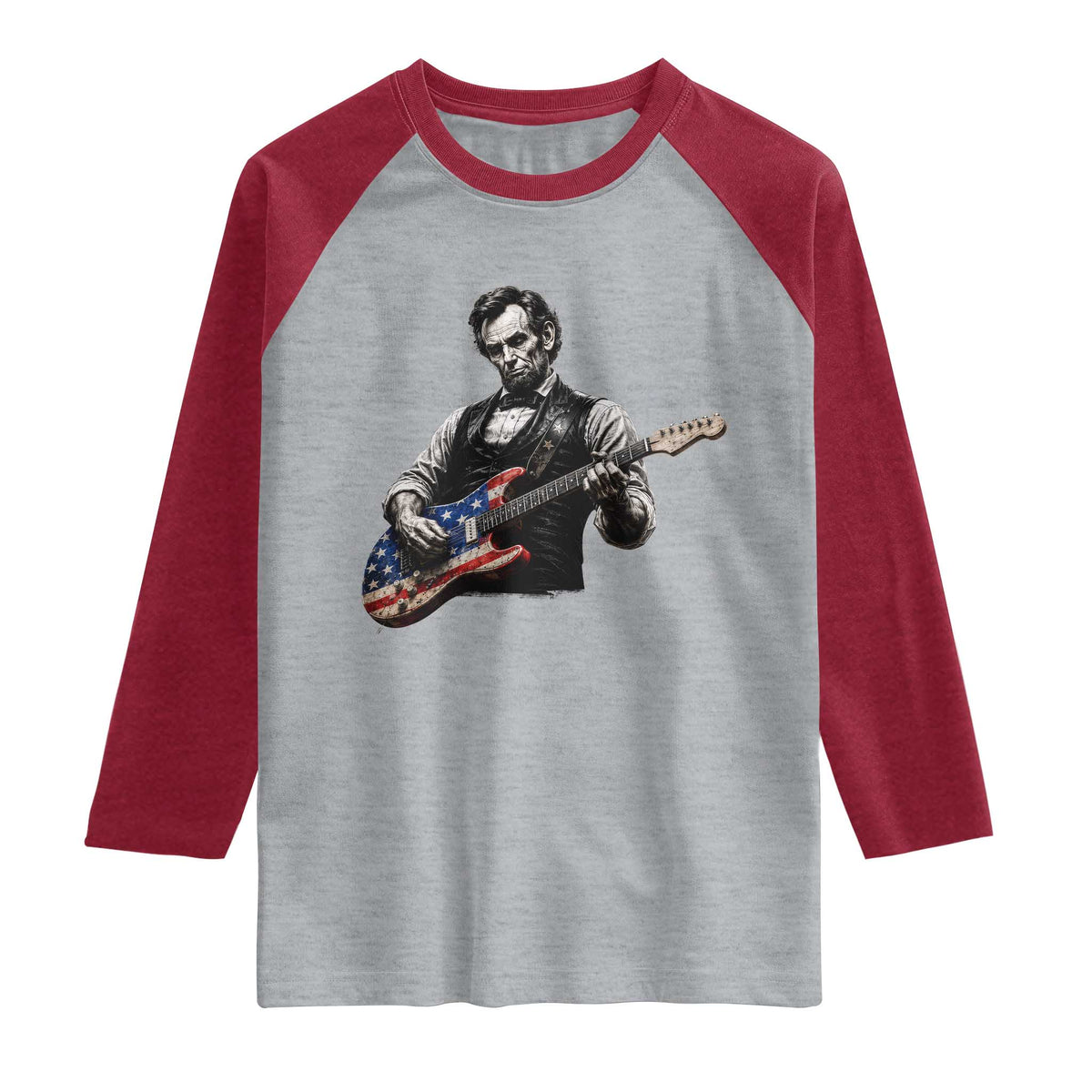 Vintage Abraham Lincoln Abe Lincoln Playing Guitar Raglan Shirt Humor Patriotic TS10 Heather Gray Heather Red Print Your Wear