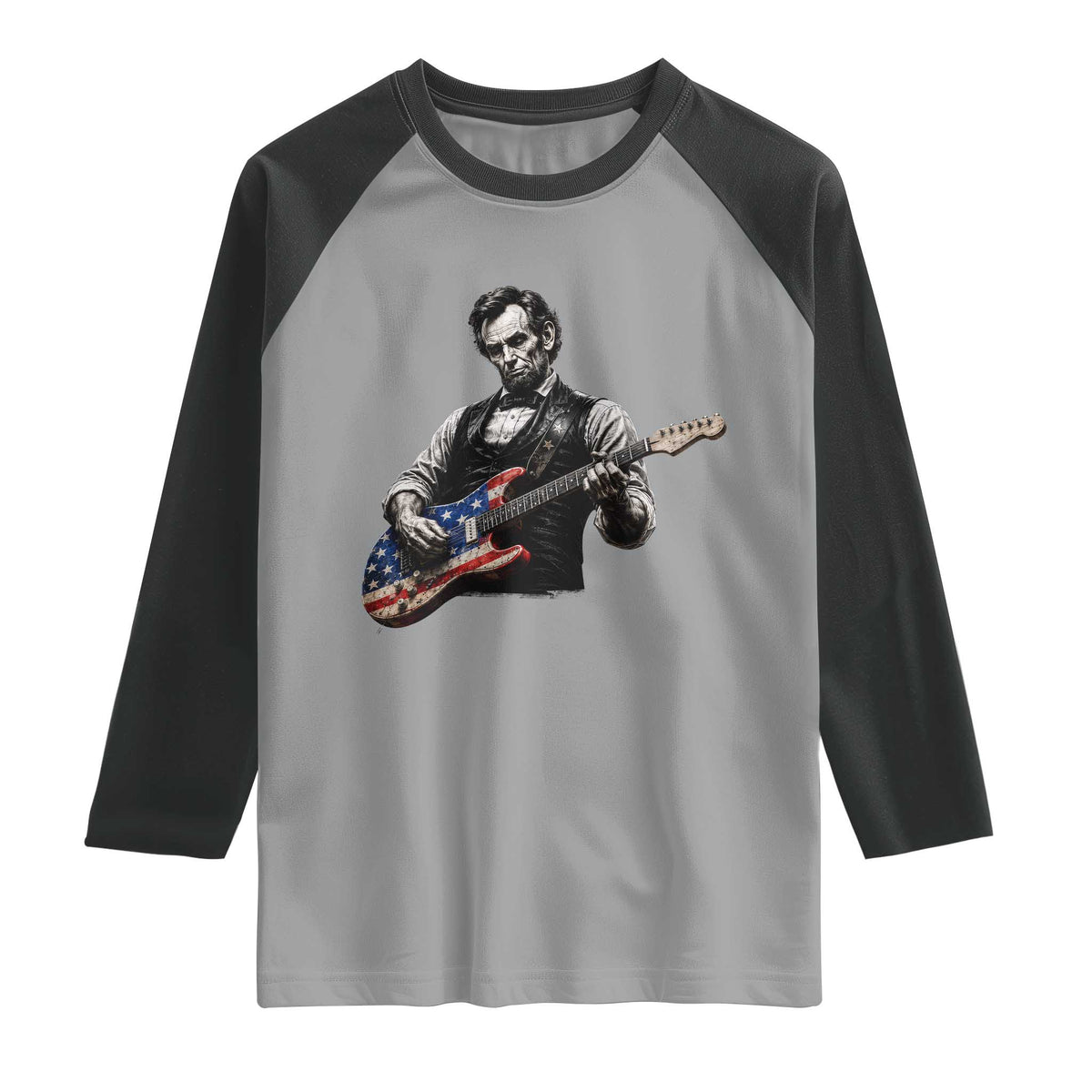 Vintage Abraham Lincoln Abe Lincoln Playing Guitar Raglan Shirt Humor Patriotic TS10 Sport Gray Black Print Your Wear