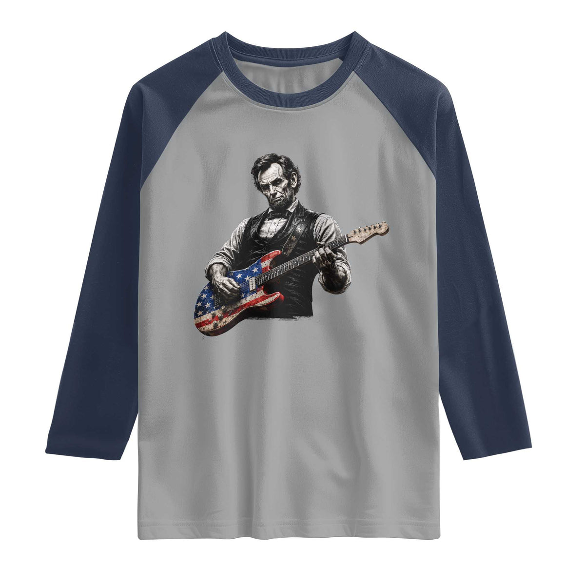 Vintage Abraham Lincoln Abe Lincoln Playing Guitar Raglan Shirt Humor Patriotic TS10 Sport Gray Navy Print Your Wear