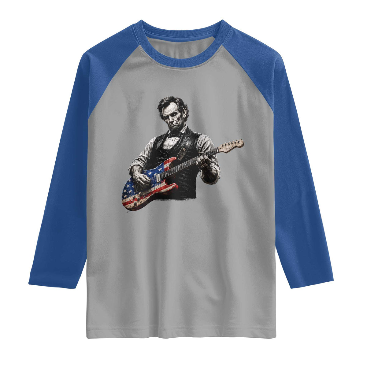 Vintage Abraham Lincoln Abe Lincoln Playing Guitar Raglan Shirt Humor Patriotic TS10 Sport Gray Royal Print Your Wear