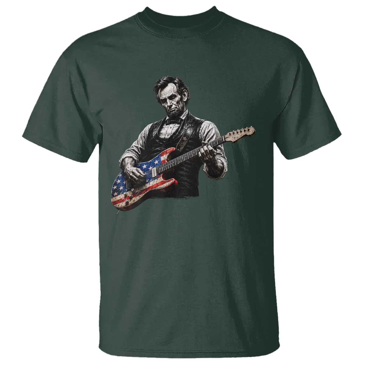 Vintage Abraham Lincoln Abe Lincoln Playing Guitar T Shirt Humor Patriotic TS10 Dark Forest Green Print Your Wear
